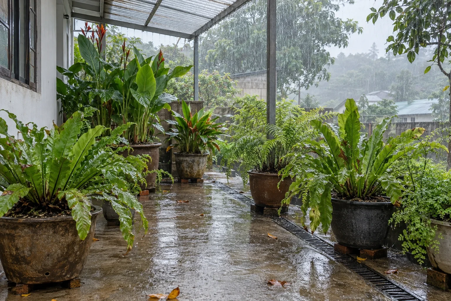 Hiên nhà Bảo Lộc trong mưa có các chậu dương xỉ và cây lá lớn được kê cao cạnh rãnh thoát nước