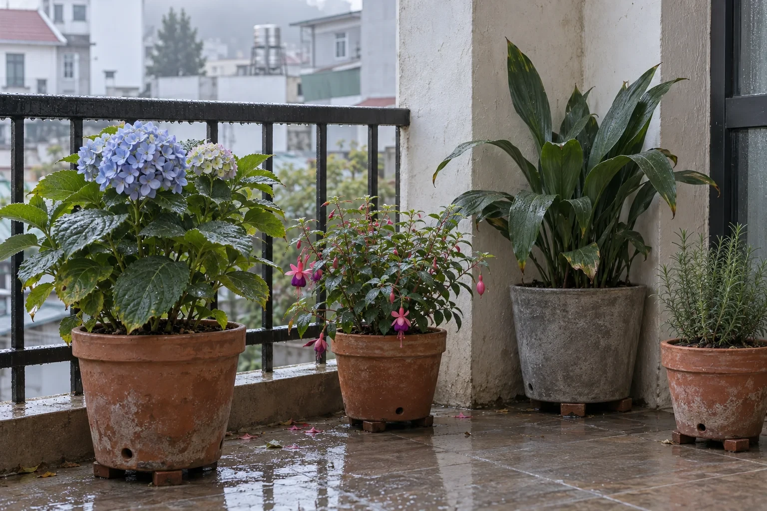 Ban công Đà Lạt sau mưa có cẩm tú cầu, lồng đèn, trúc diệp lan và hương thảo trồng trong chậu kê cao