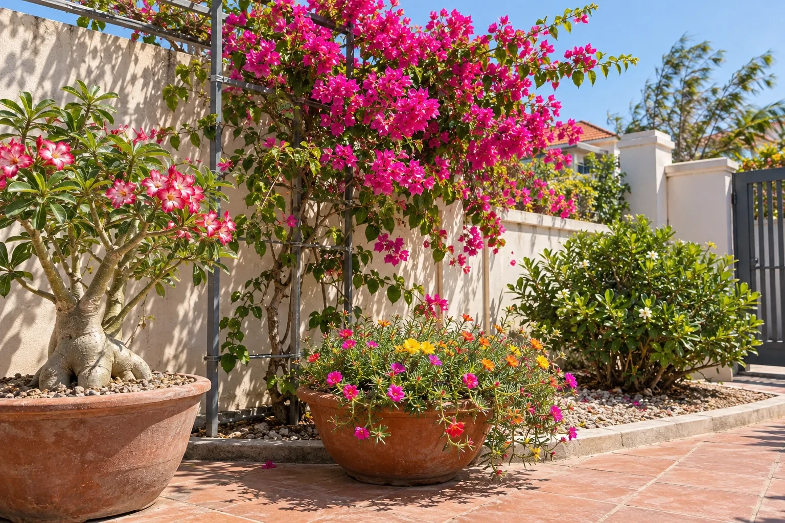 Sân nhà Phan Thiết có hoa giấy trên khung, sứ sa mạc, hoa mười giờ trong chậu nặng dưới nắng mạnh