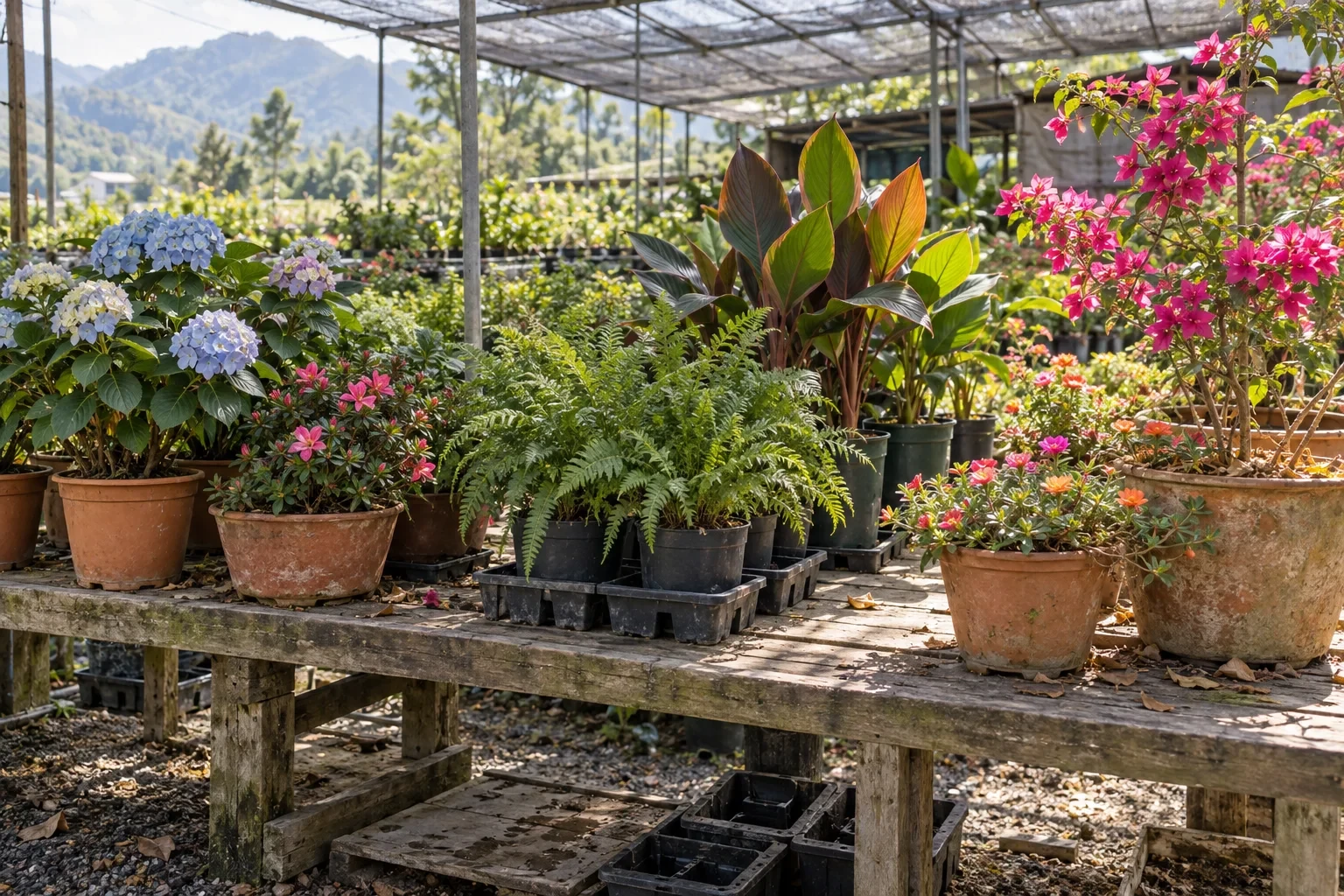Một bàn cây ở vườn ươm có cẩm tú cầu, đỗ quyên, dương xỉ, dong riềng, hoa giấy và hoa mười giờ