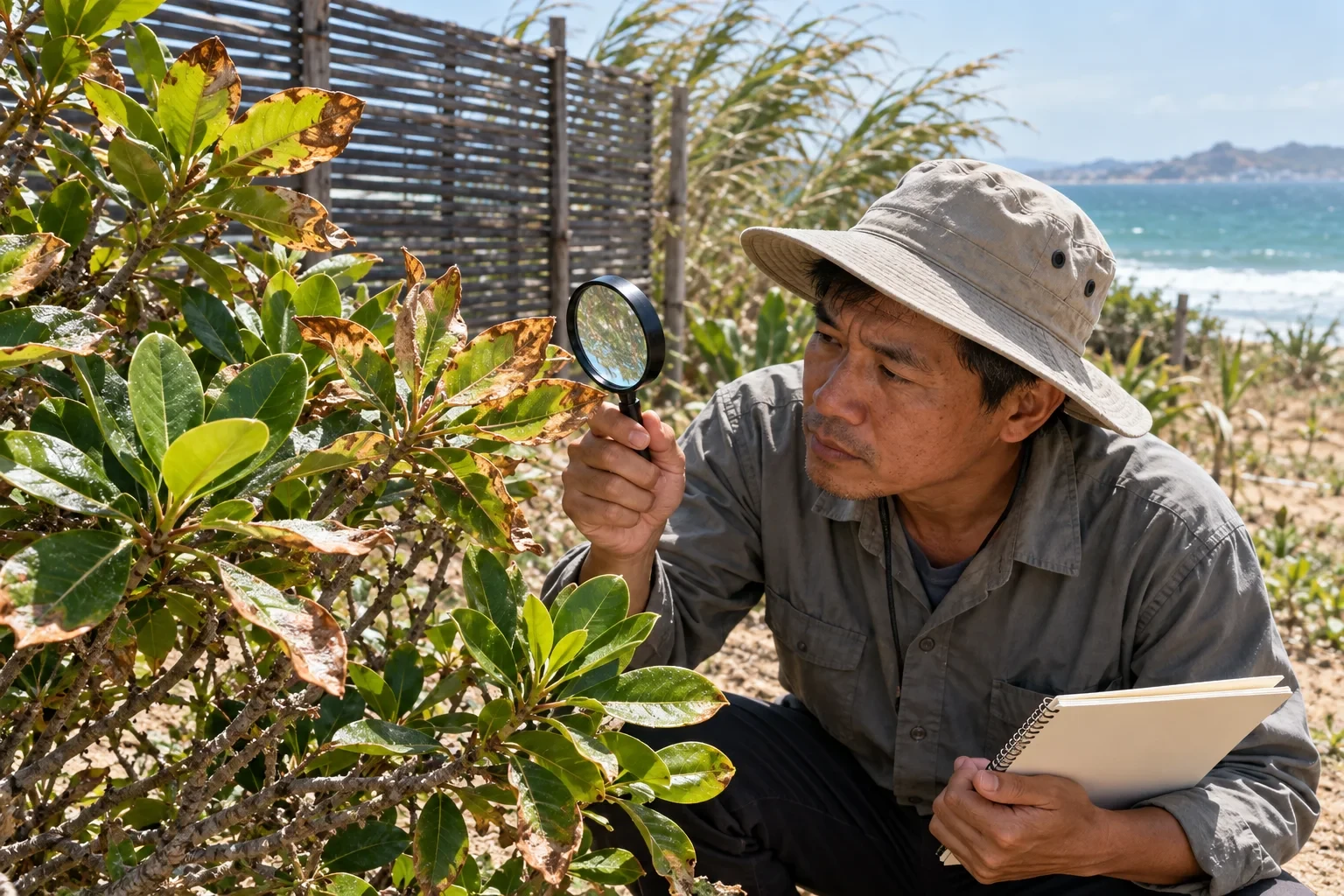 Kiểm tra mép lá cháy do hơi muối ở phía đón gió biển Phan Thiết