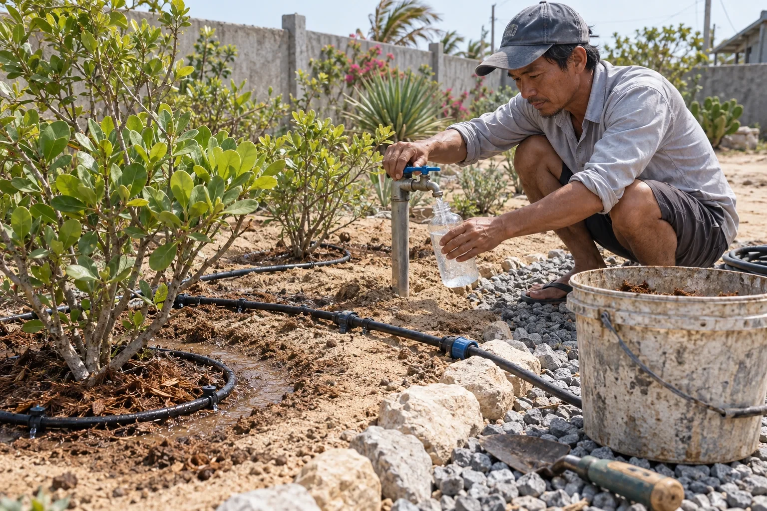 Lắp tưới nhỏ giọt và lấy mẫu nước kiểm tra độ mặn trong vườn Phan Thiết