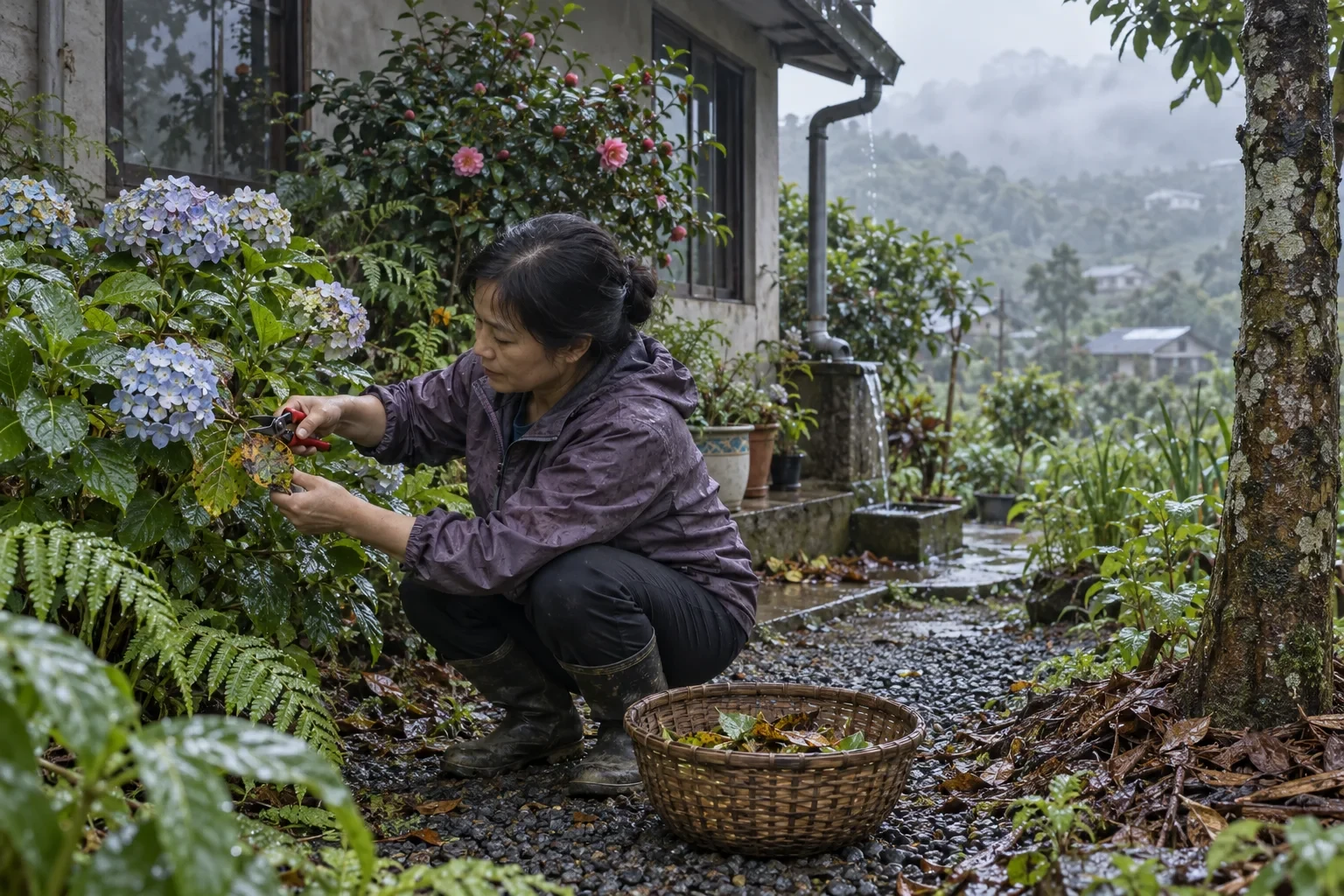 Chăm cẩm tú cầu và dọn lá ướt trong vườn Bảo Lộc sau mưa