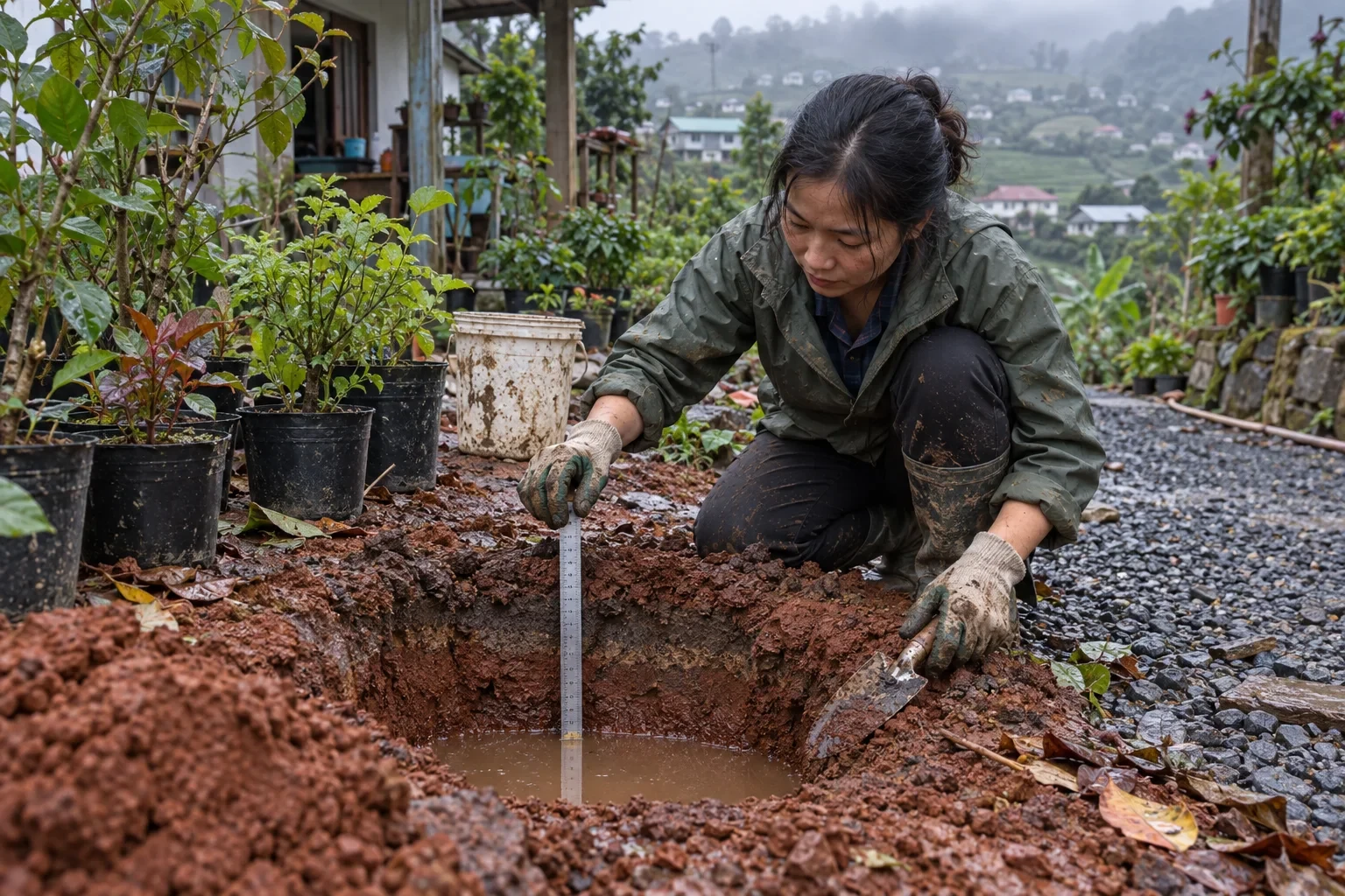 Kiểm tra nước đọng trong hố đất đỏ sau mưa tại vườn nhà Bảo Lộc