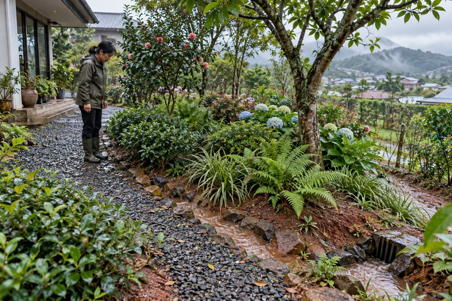 Khu vườn nhà Bảo Lộc sau mưa với lối sỏi, rãnh thoát và nhiều tầng cây