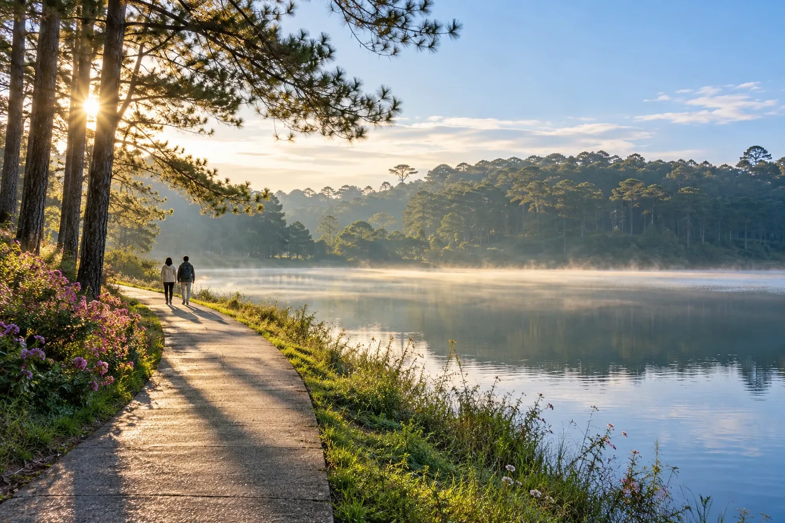 Hai du khách quay lưng đi bộ trên lối ven hồ buổi sớm, rặng thông và sương nằm phía bên kia mặt nước