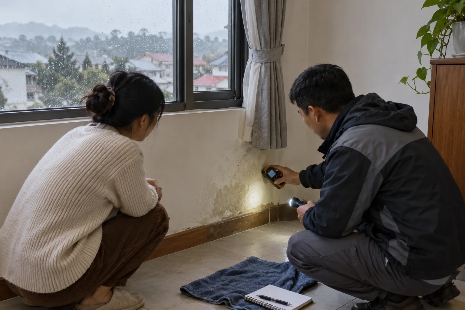 Gia chủ và kỹ thuật viên kiểm tra vết ẩm chân tường cạnh cửa sổ trong ngày mưa Đà Lạt