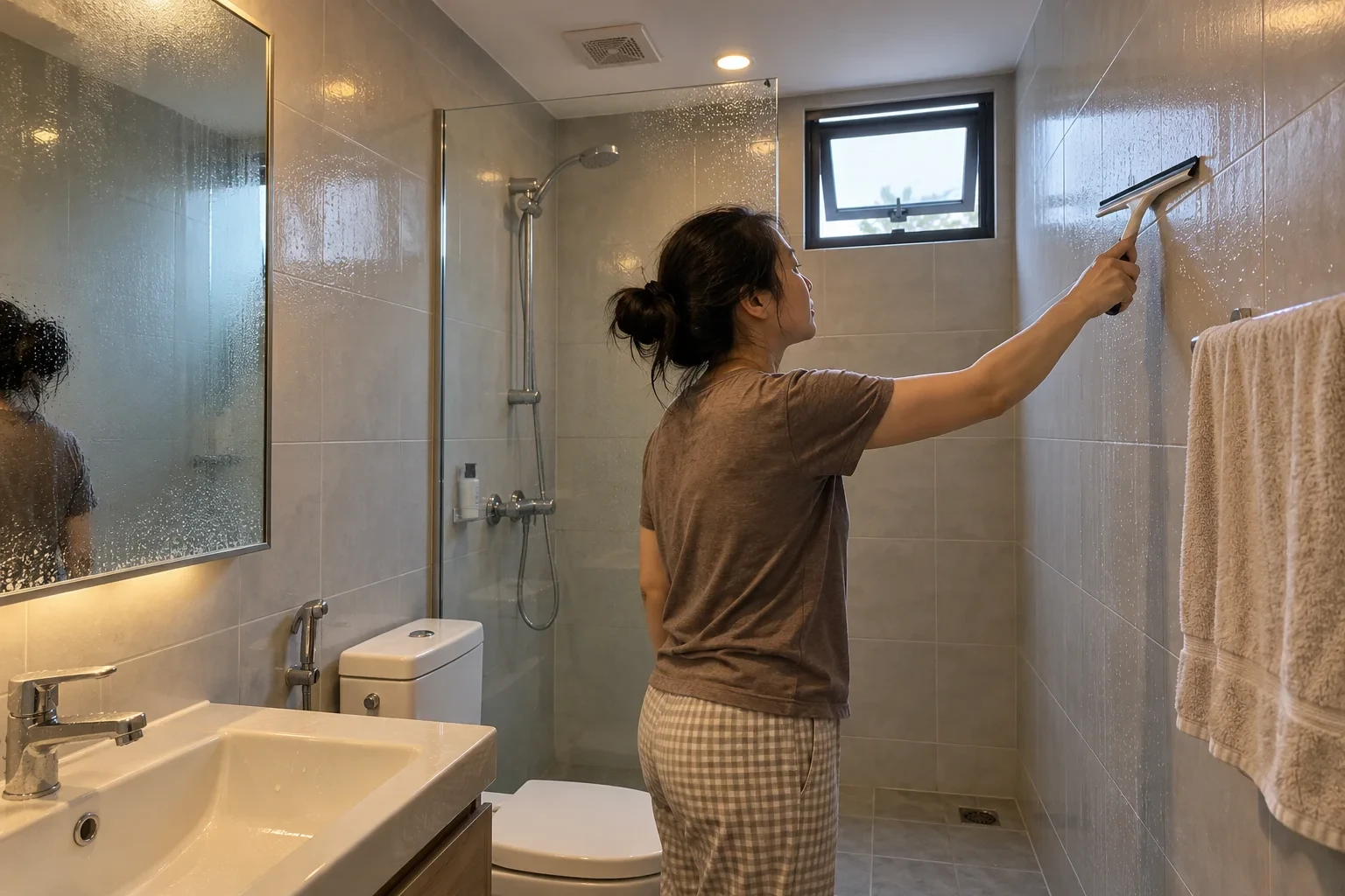 Gia chủ dùng cây gạt làm khô tường phòng tắm và bật quạt hút sau khi tắm