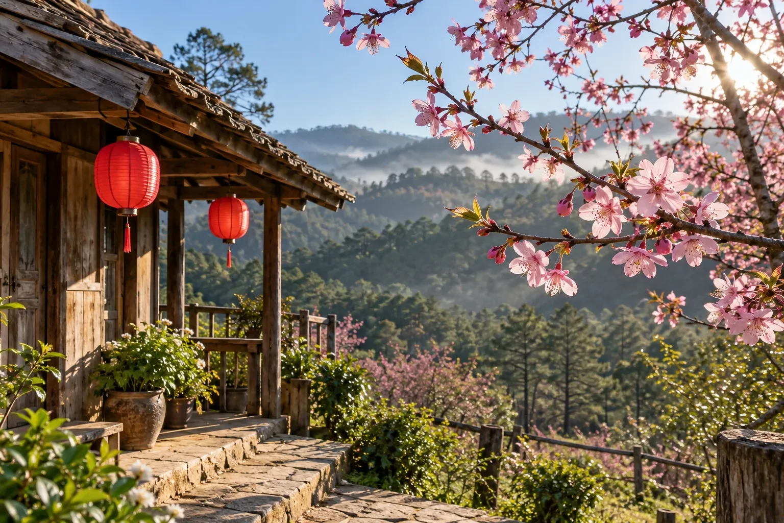 Cành mai anh đào hồng nở trước hiên nhà gỗ treo đèn lồng đỏ, nắng sớm và đồi thông phía xa