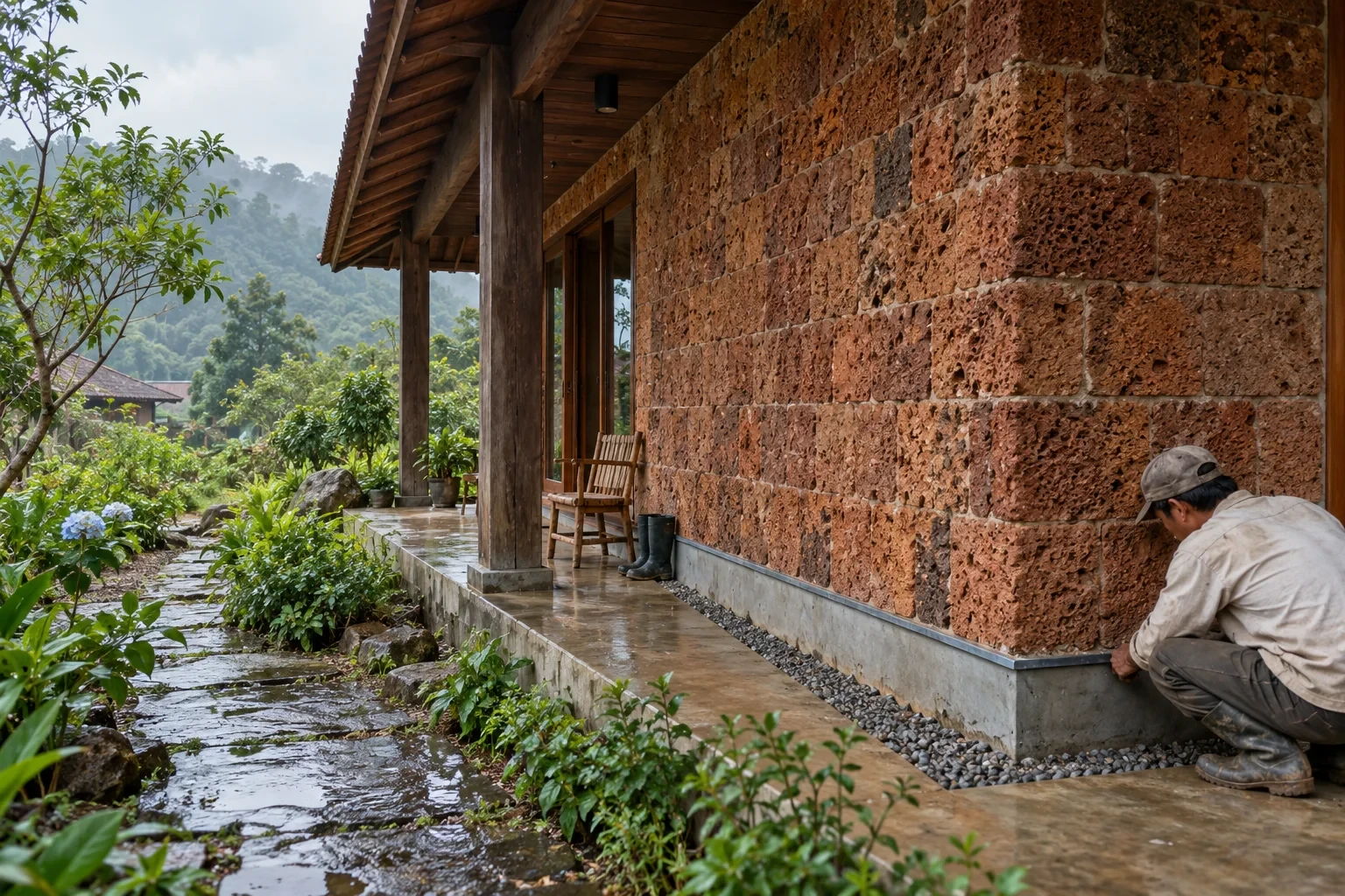 Tường đá ong màu đỏ nâu dưới hiên sâu với chân tường nâng và rãnh sỏi thoát nước