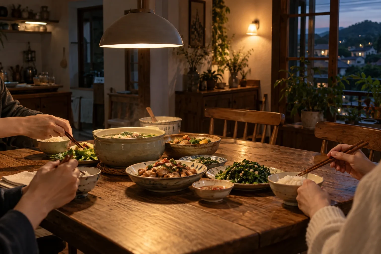 Bàn ăn gia đình dưới đèn thả ánh sáng ấm với màu đồ ăn tự nhiên