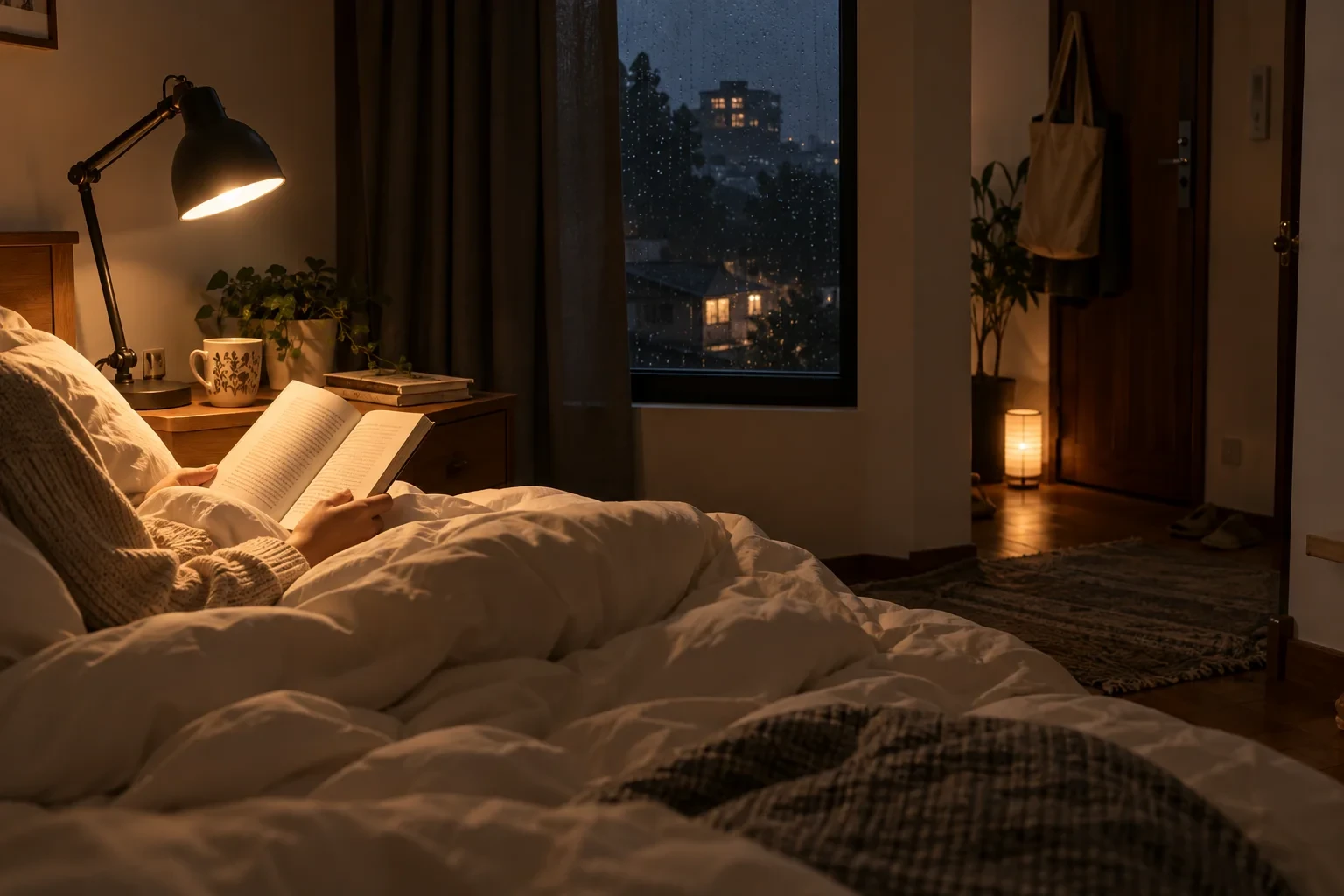 Đèn đọc sách có chao chiếu đúng trang và đèn dẫn đường thấp trong phòng ngủ Đà Lạt