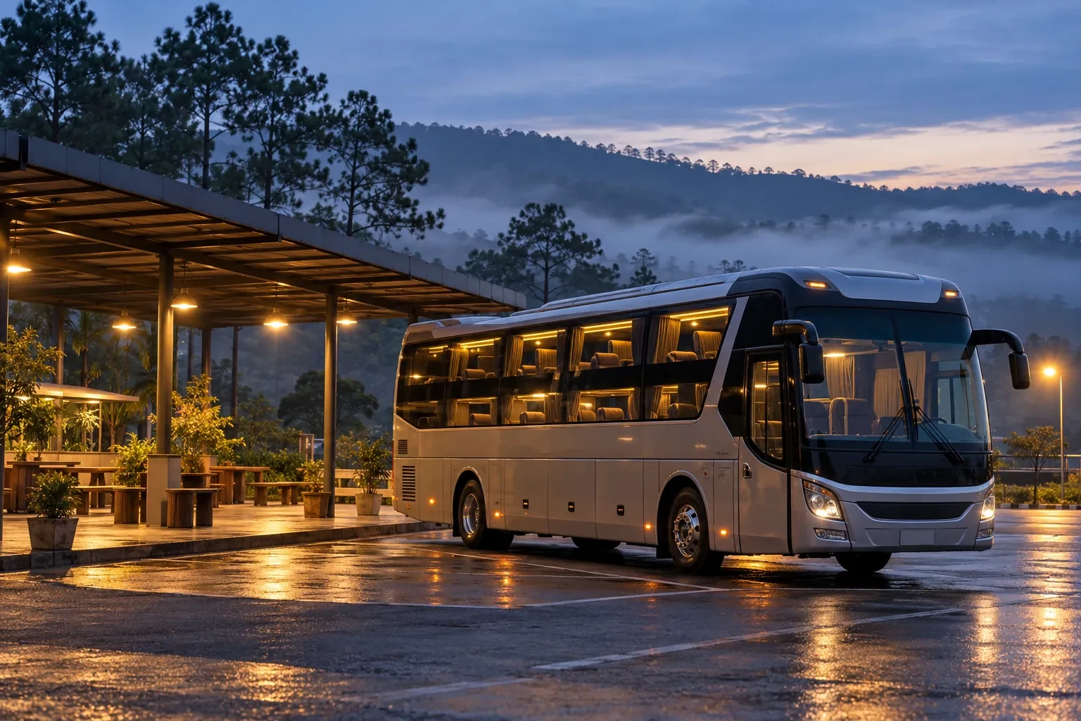 Xe khách đường dài không thương hiệu đỗ tại trạm dừng cao nguyên trước bình minh