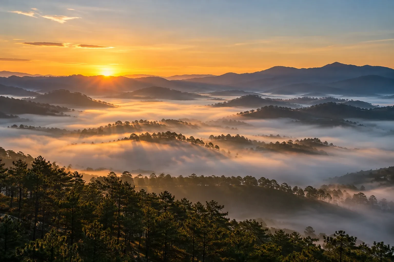 Mặt trời vừa nhô lên trên rặng núi, sương phủ kín thung lũng và đồi thông phía trước