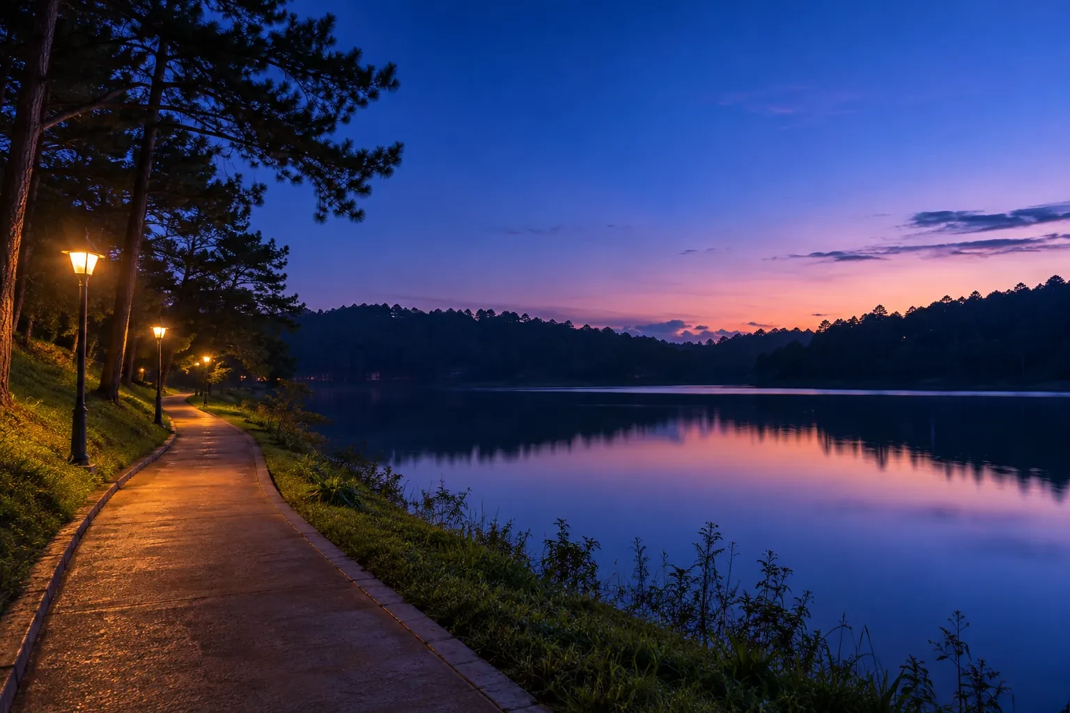 Giờ xanh ven hồ với bầu trời xanh tím, đèn đường vàng và rặng thông phản chiếu trên mặt nước