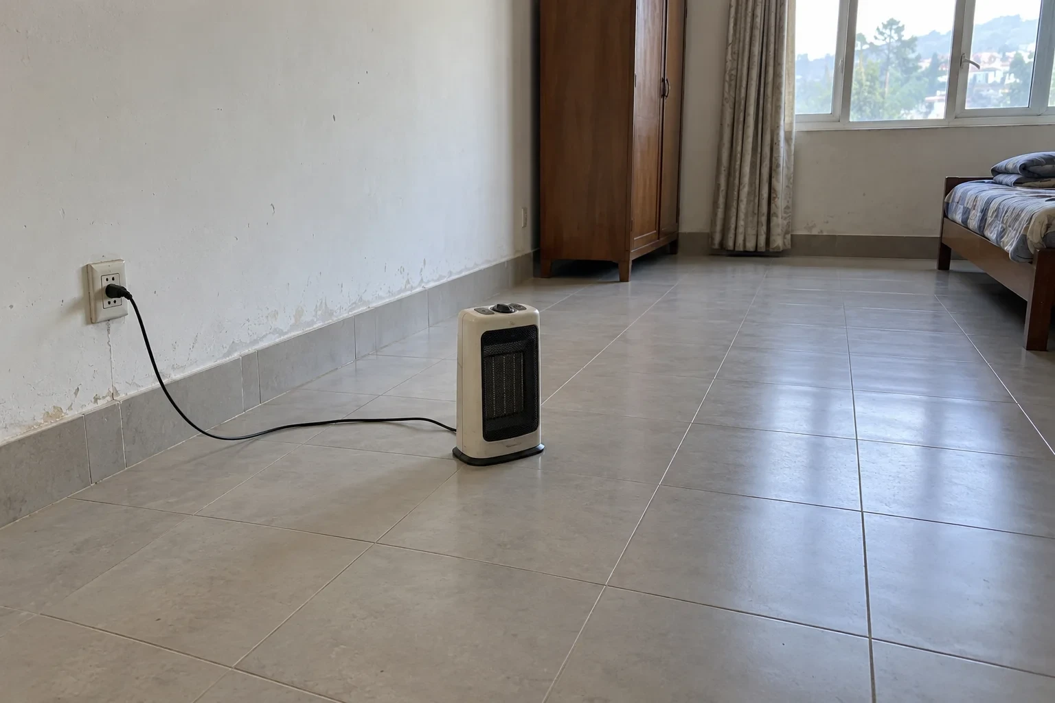 Máy sưởi điện đặt trên sàn phẳng, cách xa rèm và cắm trực tiếp vào ổ tường