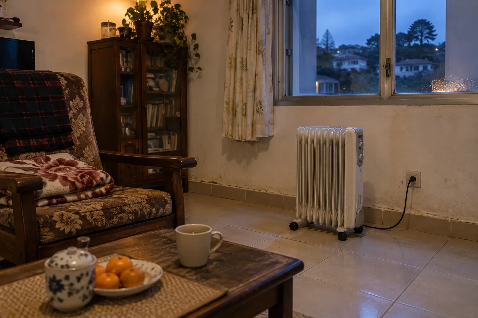 Phòng khách nhỏ ở Đà Lạt dùng máy sưởi dầu trong một tối lạnh