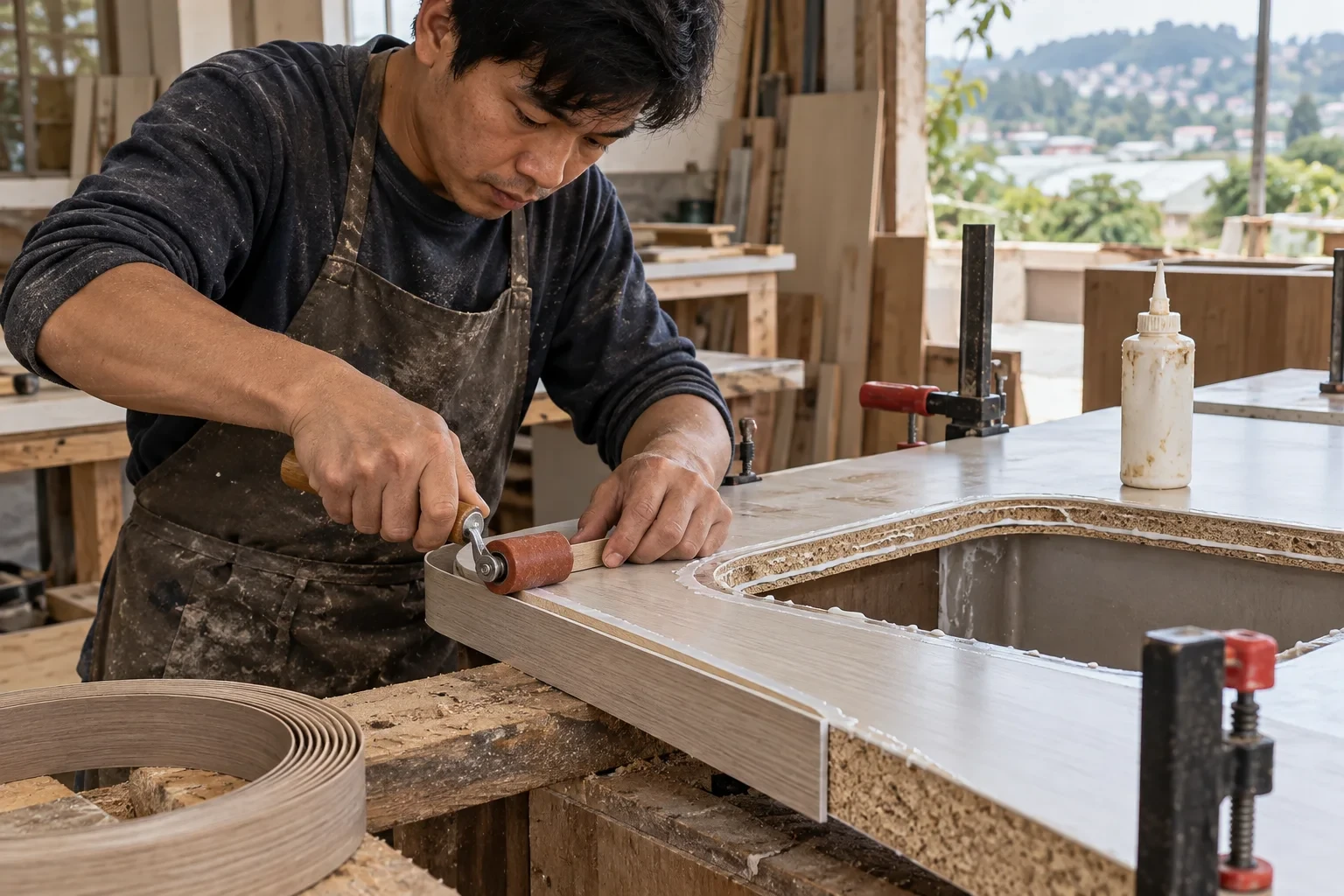 Thợ xử lý cạnh cắt và lỗ chậu rửa của ván công nghiệp chịu ẩm