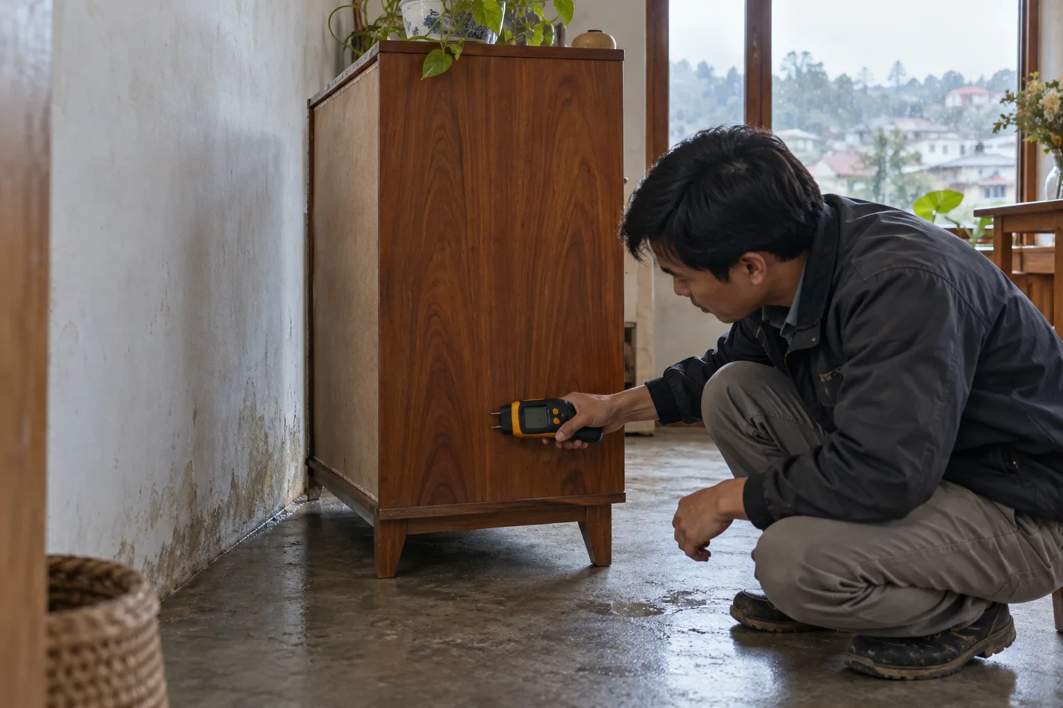 Kiểm tra độ ẩm phía sau tủ gỗ đặt gần tường ngoài trong nhà Đà Lạt
