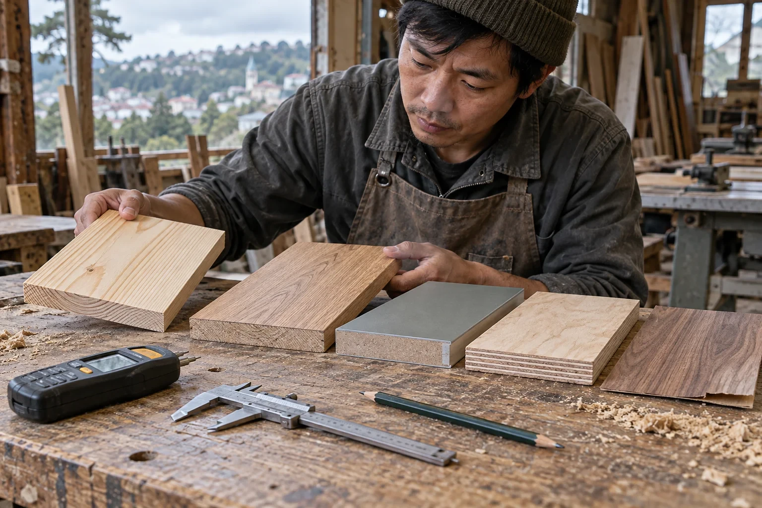 Thợ mộc so sánh mẫu gỗ thông, gỗ sồi, plywood và ván công nghiệp cho nhà Đà Lạt
