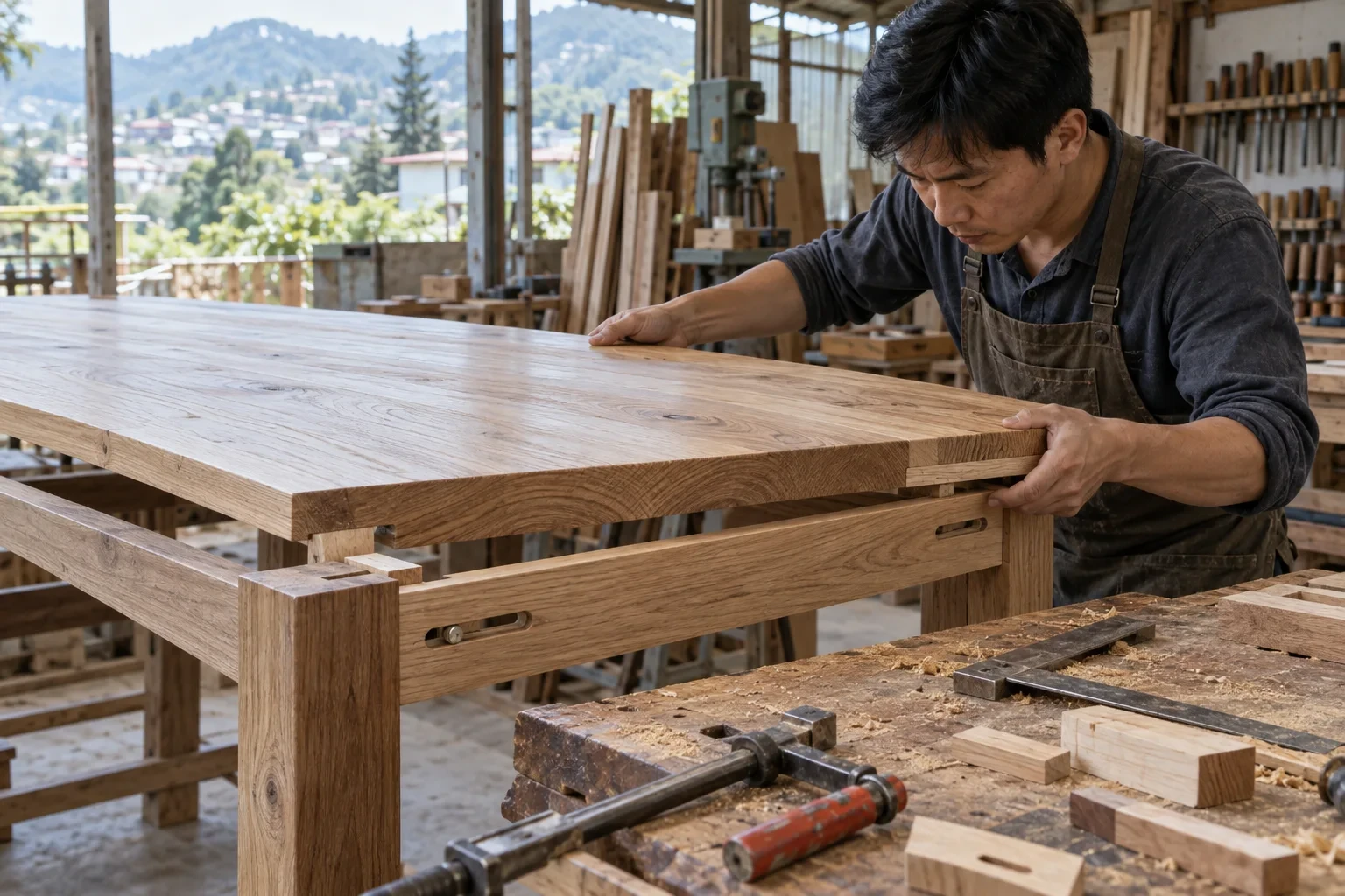 Thợ mộc thử lắp mặt bàn gỗ tự nhiên với liên kết cho phép co giãn