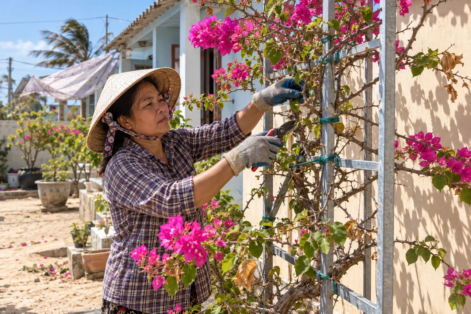 Người dân Phan Thiết tỉa và buộc hoa giấy lên giàn riêng cách tường