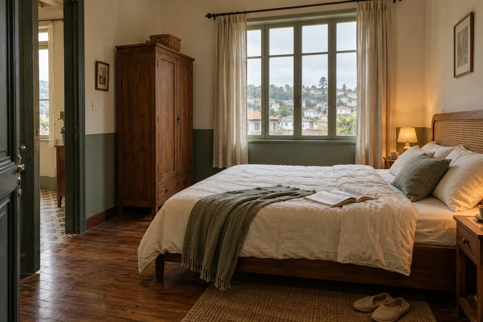 Phòng ngủ Indochine sáng ở Đà Lạt với đầu giường mây, tường xanh xám và tủ gỗ rời