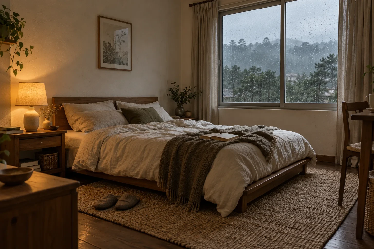 Phòng ngủ Japandi ấm áp ở Đà Lạt với giường gỗ, vải linen và cửa sổ nhìn ra đồi thông trong mưa