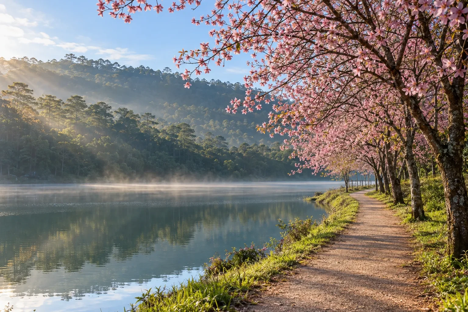 Lối đi ven hồ dưới hàng mai anh đào hồng, mặt nước yên và đồi thông mờ sương phía đối diện