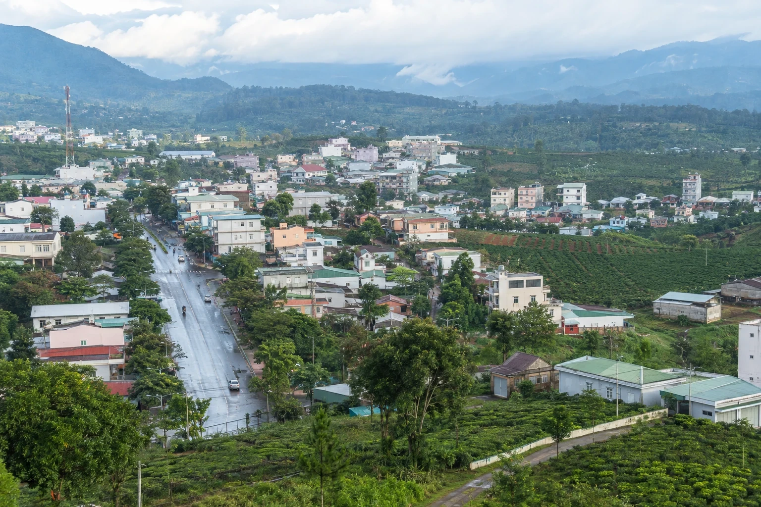 Khu phố cao nguyên nối với vườn cây và những dãy đồi xanh sau mưa