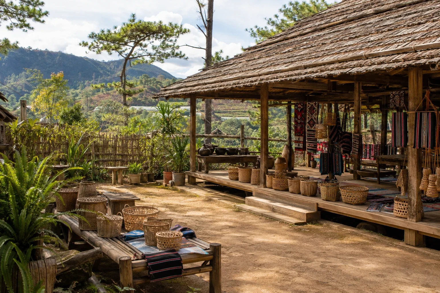 Nhà gỗ, đồ đan và vải dệt được sắp trong sân cộng đồng bên sườn núi