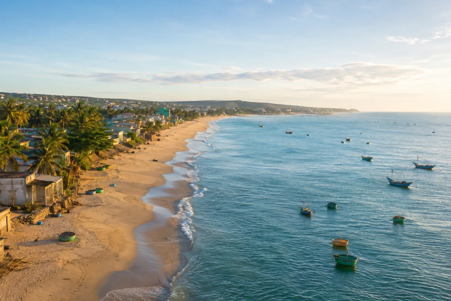 Vịnh biển cong với bãi cát, hàng dừa, nhà ven bờ và thuyền nhỏ ngoài khơi
