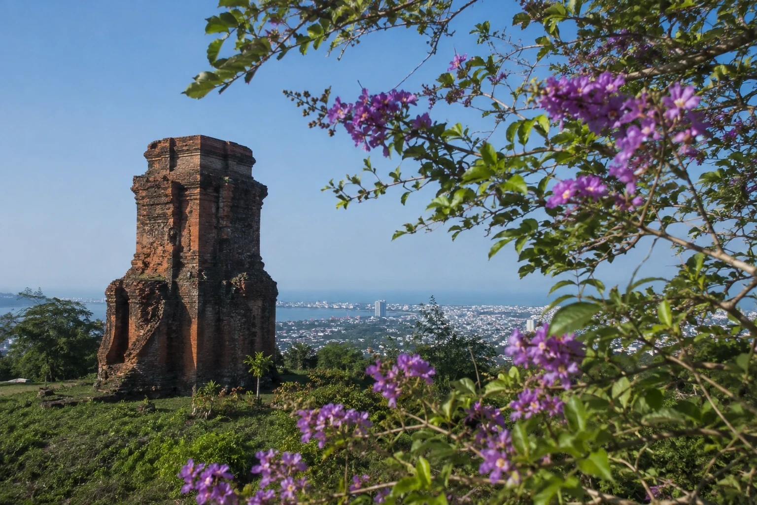 Tháp gạch Chăm nhìn chéo từ sườn đồi có hoa tím và biển xa