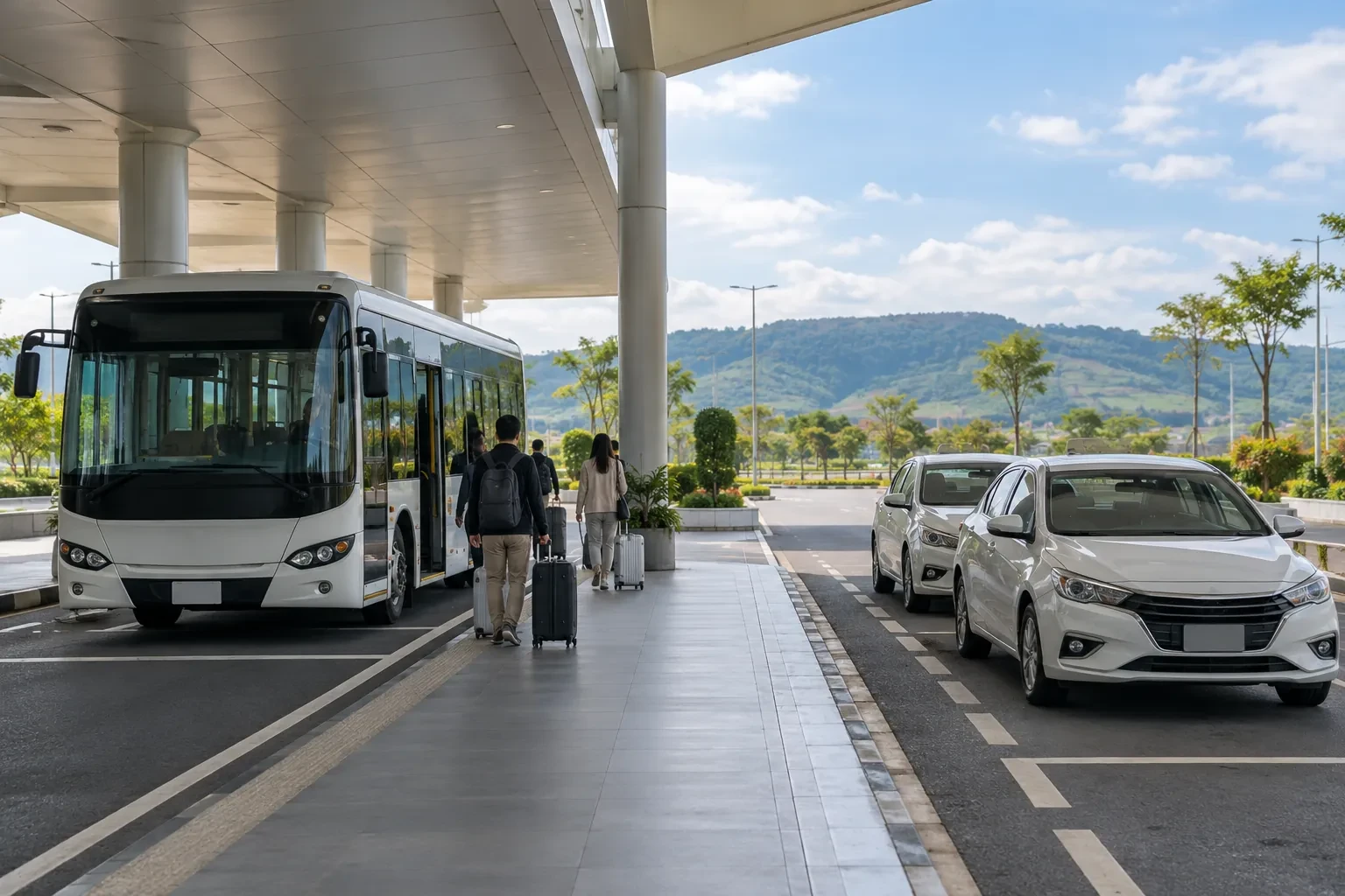 Xe buýt sân bay và taxi không thương hiệu đón khách dưới mái che nhà ga