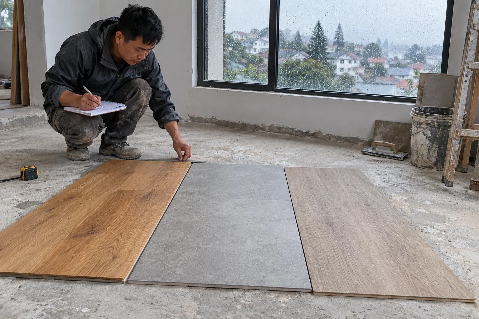 Ba mẫu sàn gỗ kỹ thuật, gạch porcelain và sàn nhựa được so sánh trên nền bê tông nhà Đà Lạt