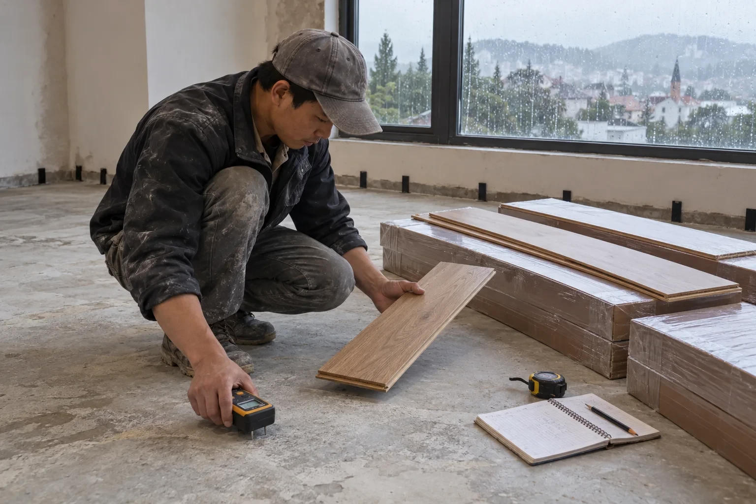 Thợ đo độ ẩm nền bê tông trước khi lắp sàn gỗ tại nhà Đà Lạt