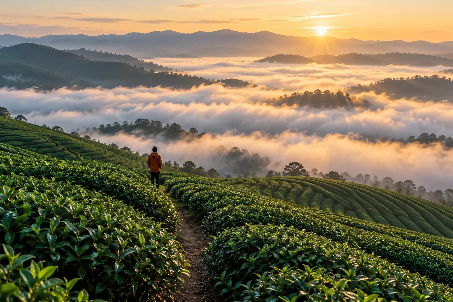 Bóng một người mặc áo khoác màu cam đất đứng xa trên mép đồi, nhìn ra biển mây lúc mặt trời mọc