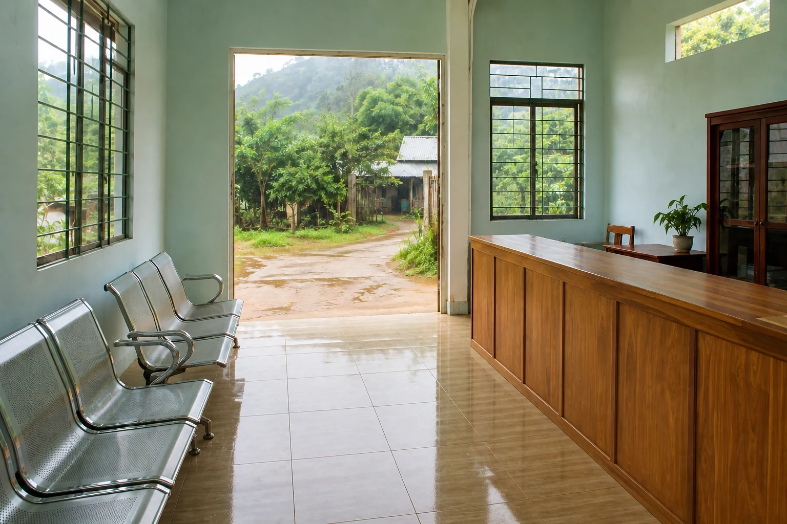 Phòng chờ dịch vụ công nông thôn có quầy gỗ và ghế kim loại nhìn ra cây xanh