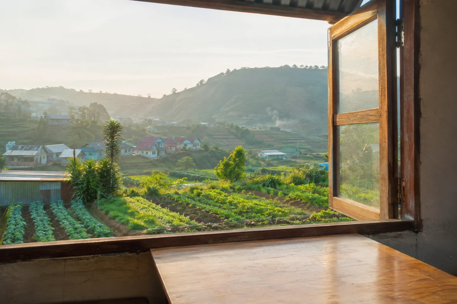 Khung cửa gỗ nhìn ra ruộng rau, mái nhà thấp và đồi xanh trong nắng sớm